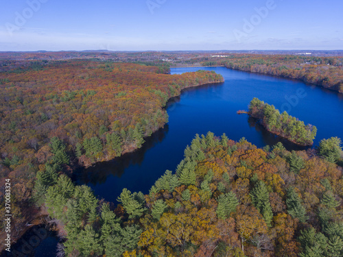 Ashland Reservoir aerial view with fall foliage in Ashland State Park in town of Ashland, Massachusetts MA, USA. 