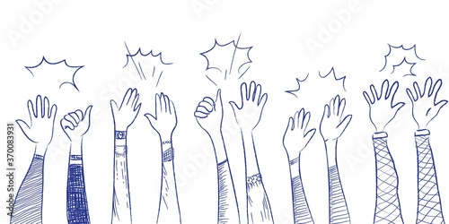 hand drawn of hands up, clapping ovation. applause, thumbs up gesture on doodle comic style , vector illustration