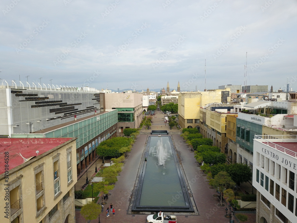 Aerial view of downtown Guadalajara and the dancing fountains