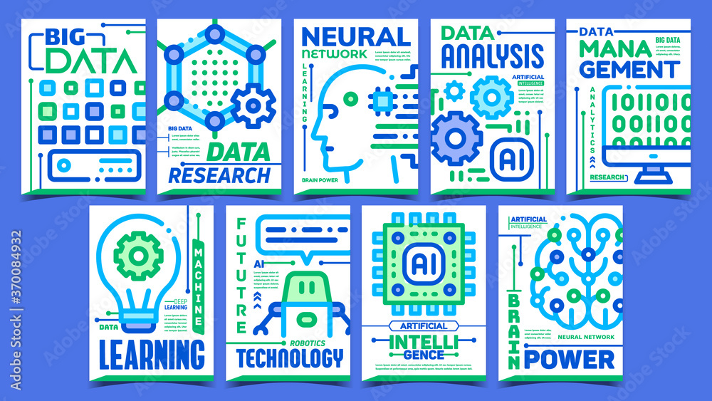 Artificial Intelligence Promo Posters Set Vector. Data Research, Analysis And Management, Neural Network And Robotics Technology Advertising Banners. Concept Template Stylish Color Illustrations