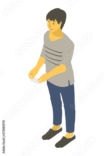 アイソメトリック図法で名刺を差し出す中性的な人物のベクターイラスト