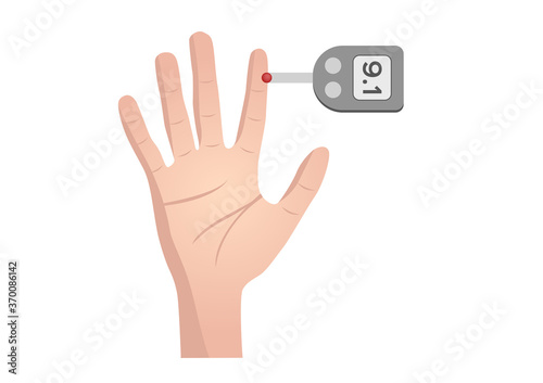 blood test on hand . glucose test on glucometer .