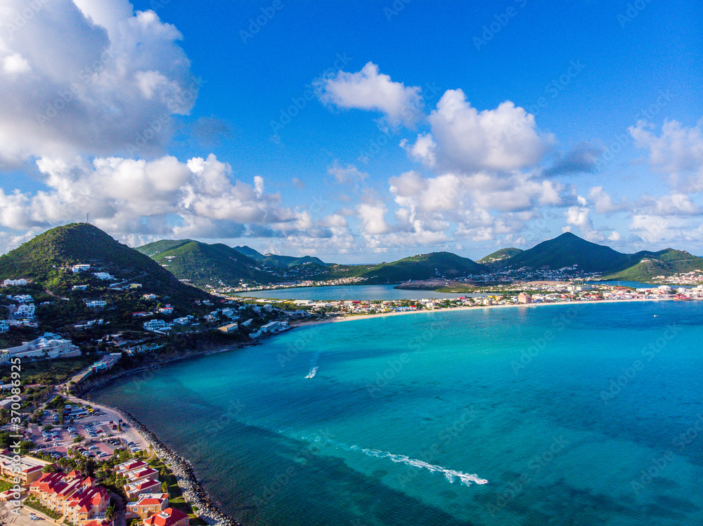 High Aerial view of the caribbean island of St. Maarten .