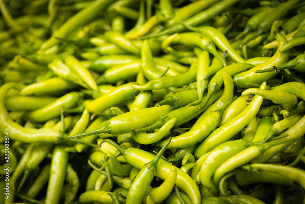 Green chillies at Indian food market Green chillies at Indian food market