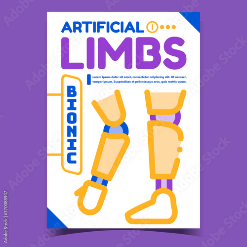 Artificial Bionic Limbs Advertising Poster Vector. Medical Human Limbs Prosthesis On Promotional Banner. Prosthetic Leg And Knee Mechanism Concept Template Stylish Color Illustration