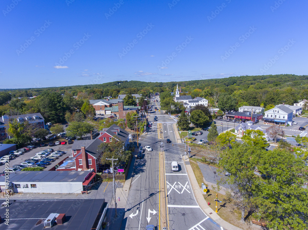 Ashland town center aerial view including Federated Church and Town Hall in Ashland, Massachusetts MA, USA.