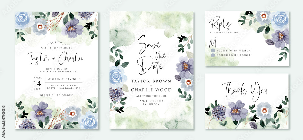 wedding invitation set with blue green flower garden watercolor