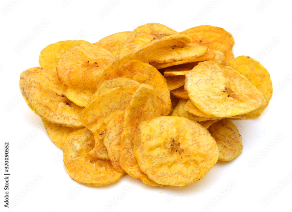 Banana chips on white background Banana chips on white background