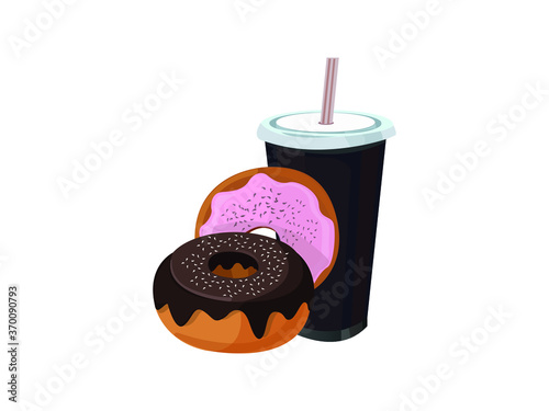Delicious coffee and donut cartoon Vector illustration. break time with chocolate, strawberry and chocolate donuts. take away sweet snack isolated on a white background.