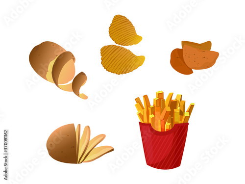 Cartoon Potato, wedges, sliced pieces and fry chips vector illustration. Vegetable icon set