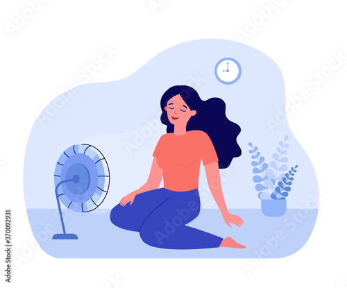 Young woman sitting on floor at cooling fan. Girl feeling hot at home. Vector illustration for air conditioning, summer season, home appliance concept