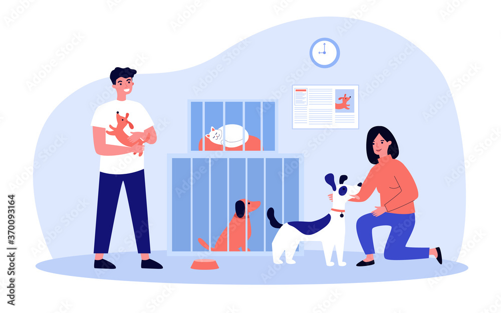 People adopting pets from shelter. Volunteers taking care about cats and dogs in cages. Vector illustration for homeless animals, adopt do not shop concept