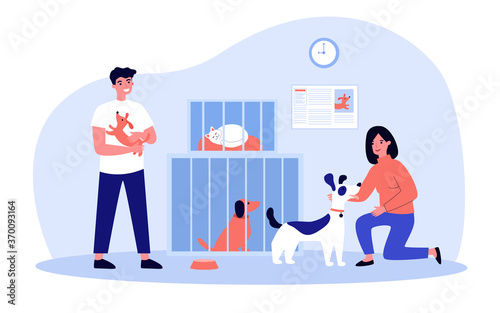 People adopting pets from shelter. Volunteers taking care about cats and dogs in cages. Vector illustration for homeless animals, adopt do not shop concept