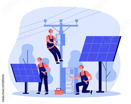 Energy workers servicing solar power plant. Men repairing boxes with cords on tower under electric power transmission lines. Vector illustration for maintenance, renewable energy, engineering concept