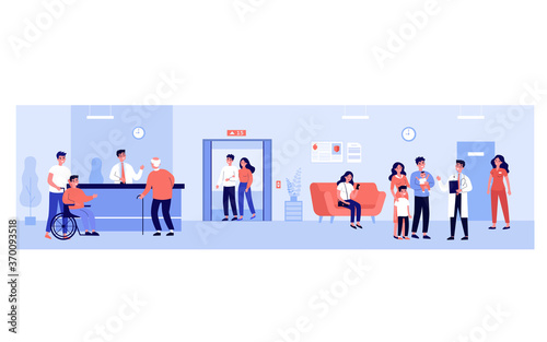 People in hospital hall. Patients waiting their turn at doctor office, standing at reception. Vector illustration for clinic interior, medical help, healthcare, examination concept