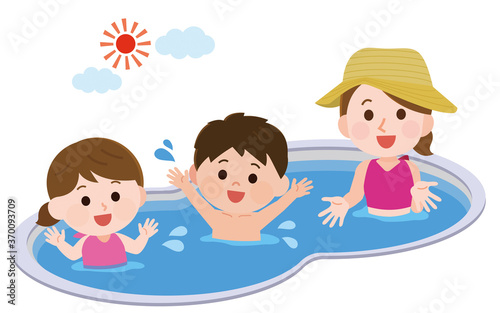 プールで遊ぶ子供と母親　イラスト