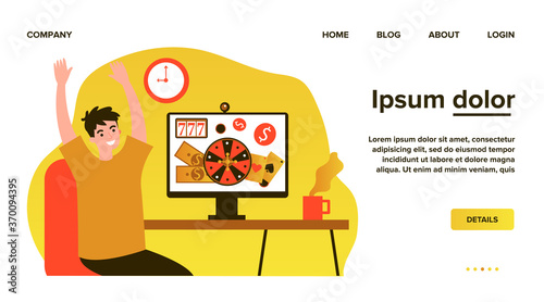 Happy young man celebrating jackpot. Online casino winner, roulette, poker flat vector illustration. Gambling gain, winning money, prize concept for banner, website design or landing web page