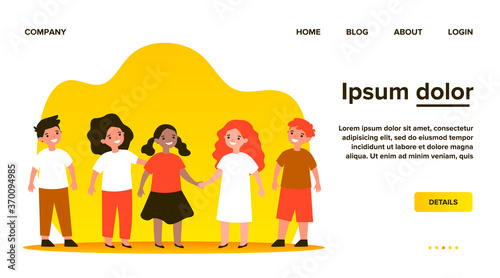 International friendship or multiethnic classmates concept. Diverse group of African American and Caucasian children playing together in kindergarten or school. Flat vector illustration