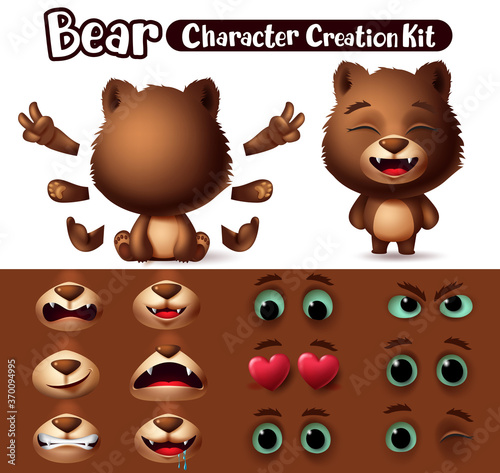 Bear character animals vector set. Bears animal characters editable create eyes, mouth and hand kit with different expression and movement for cartoon accessories collection. Vector illustration 