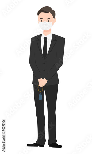 マスクをしてる喪服の男性のイラスト。