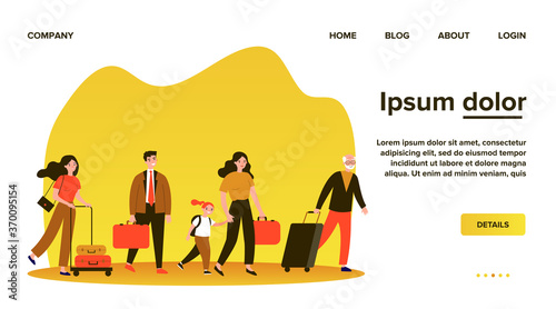 Happy tourists with suitcases walking together flat vector illustration. Group of people travelling abroad. Family with bags going from airport. Men and women during trip. Tourism and journey concept © Bro Vector