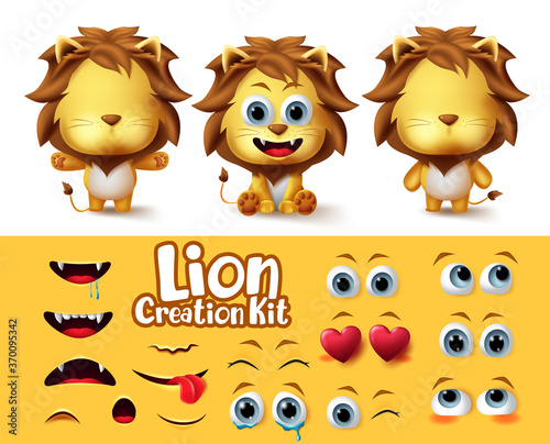 Lions animal characters creation vector set. Lion animals character editable eyes and mouth body parts create kit with different emotion and expression for cartoon collection design.