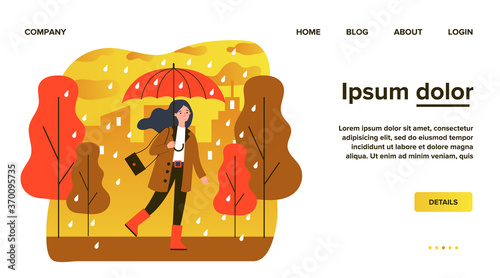 Happy smiling girl with umbrella walking in rainy day flat vector illustration. Woman staying outdoor in falling weather. Female character going in rain. Season, autumn and landscape concept