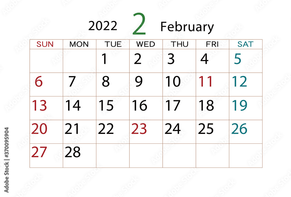 2022年　カレンダー　2月