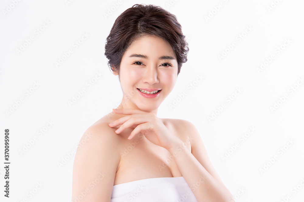 Beautiful Young asian Woman with Clean Fresh Skin, on white background, Face care, Facial treatment, Cosmetology, beauty and spa, Asian women portrait Beautiful Young asian Woman with Clean Fresh Skin, on white background, Face care, Facial treatment, Cosmetology, beauty and spa, Asian women portrait