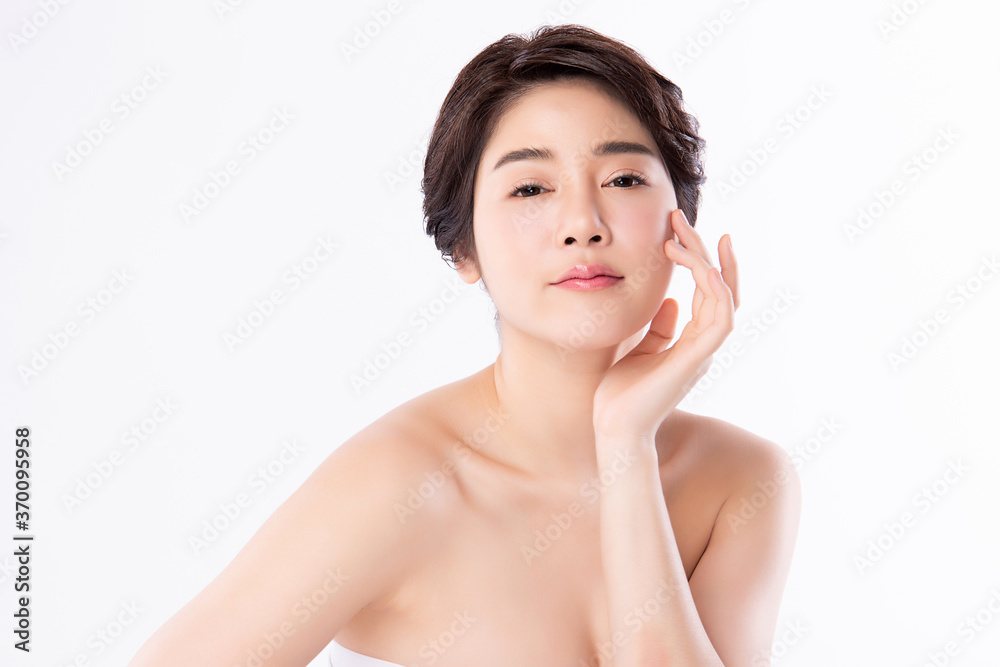 Beautiful Young asian Woman with Clean Fresh Skin, on white background, Face care, Facial treatment, Cosmetology, beauty and spa, Asian women portrait Beautiful Young asian Woman with Clean Fresh Skin, on white background, Face care, Facial treatment, Cosmetology, beauty and spa, Asian women portrait