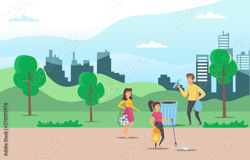 Fototapeta Naklejka Na Ścianę i Meble -  Illustration People collect and sort garbage in city park vector flat illustration. Men and woman taking care of the planet by collecting waste in bags.  Suitable for Diagrams, Infographic, Game Asset