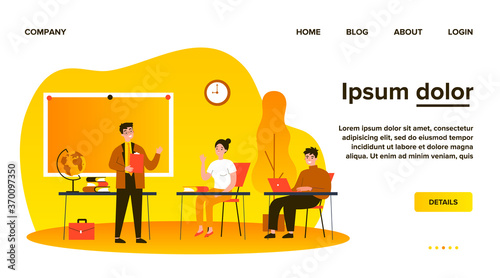 Happy school students sitting at desk in classroom. Girls and guys listening to lecture at college class. Vector illustration for audience, lesson, education, teacher job concept