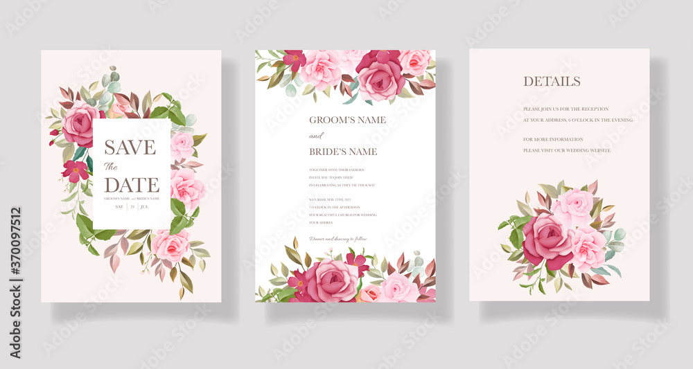 Naklejka Wedding invitation card template set with beautiful floral decorations