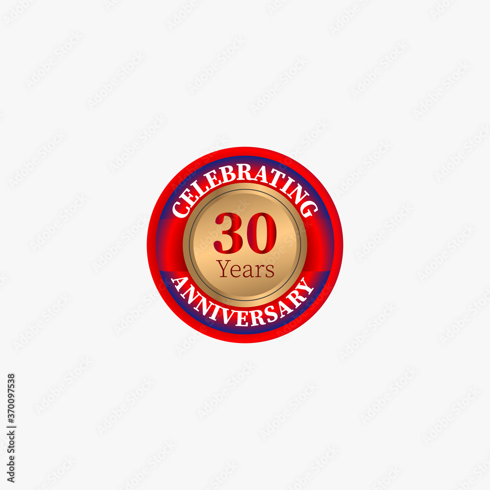 Gold celebrating 30 years, anniversary badge with red border Gold celebrating 30 years, anniversary badge with red border