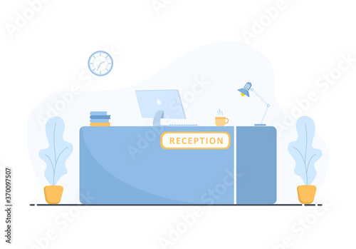Reception desk interior. Hotel booking, clinic, airport registration, bank or office reception concept. Cartoon flat vector illustration in flat style.