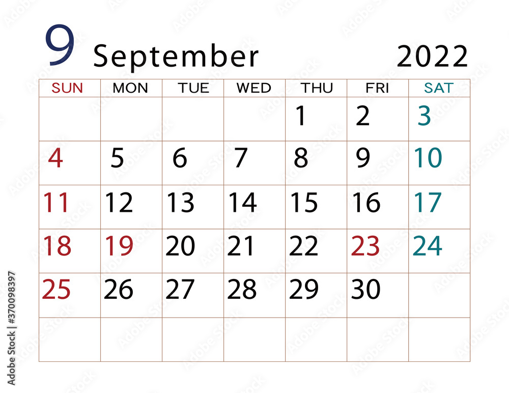 2022年カレンダー 9月 2022年カレンダー 9月