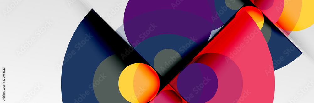 Bright color circles, abstract round shapes and triangles composition with shadow effects. Vector modern geometric design template