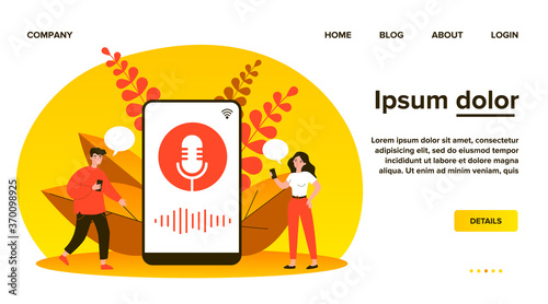 Happy tiny people using voice assistant isolated flat vector illustration. Cartoon characters standing near big smartphone with speaker. Software and digital technology concept