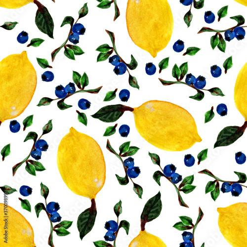 juicy lemon with leaves and blueberries drawing by watercolor round frame and seamless pattern