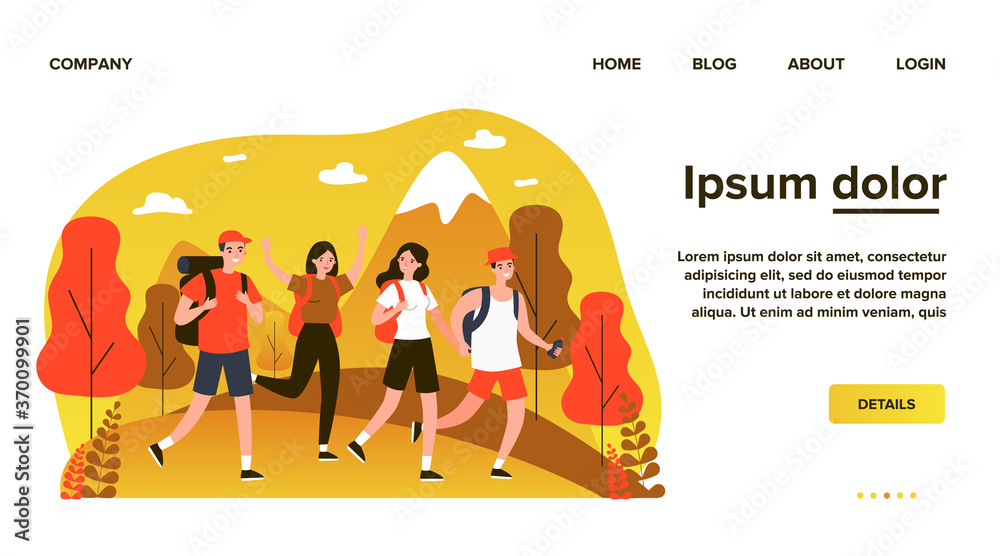 Happy tourists practicing mountain trekking. Hiking, backpacks, walking outdoors flat vector illustration. Adventure travel, outdoor tourism concept for banner, website design or landing web page