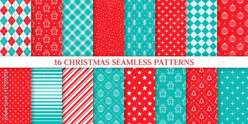 Christmas seamless pattern. Vector. Xmas, New year texture. Backgrounds with gingerbread man, tree, snow, plaid, ball, star, stripes, rhombus. Set prints. Festive wrapping paper. Red blue illustration