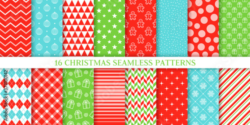 Christmas seamless pattern. Vector. Xmas textures with zigzag, ball, star, snow, gift box, stripes, dotted. New year background. Set noel prints. Festive wrapping paper. Red green blue illustration