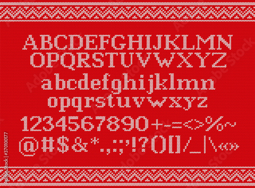 Knit font. Christmas typeface on seamless knitted pattern. Vector. Letters, numbers, signs and symbols on wool texture. Latin alphabet. Xmas ugly background. Retro red white illustration. Jumper print