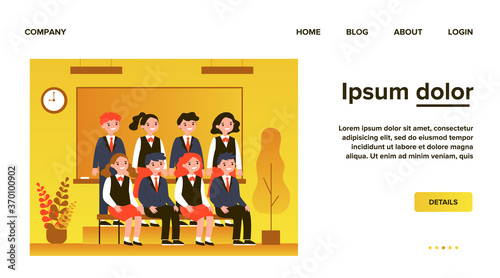 Happy students posing for photo in classroom. Cheerful teen girls and guys in school uniforms sitting and standing at blackboard. Vector illustration for photography, classmates, education concept