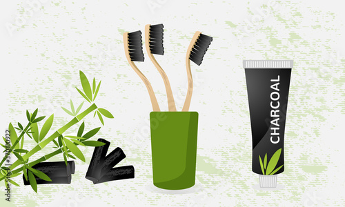 Set of black wooden natural bamboo toothbrushes with charcoal toothpaste. Showing bamboo plant and charcoal pieces. Dental health concept illustration. Flat vector.