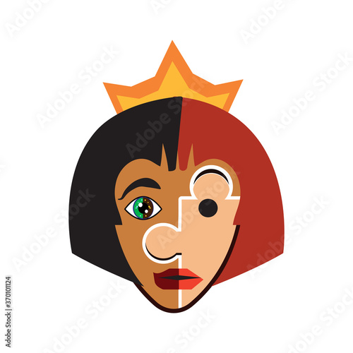 Isolated vector image. The girl in the crown. A face divided into two parts. The concept of beauty and ugliness, psychology, complexes, associations, narcissism, internal fears. Logo, icon, stylized i