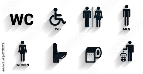 Toilet icons set in with shadow.  Toilet signs  Restroom icons. Bathroom WC signs. Flat design. Vector illustration