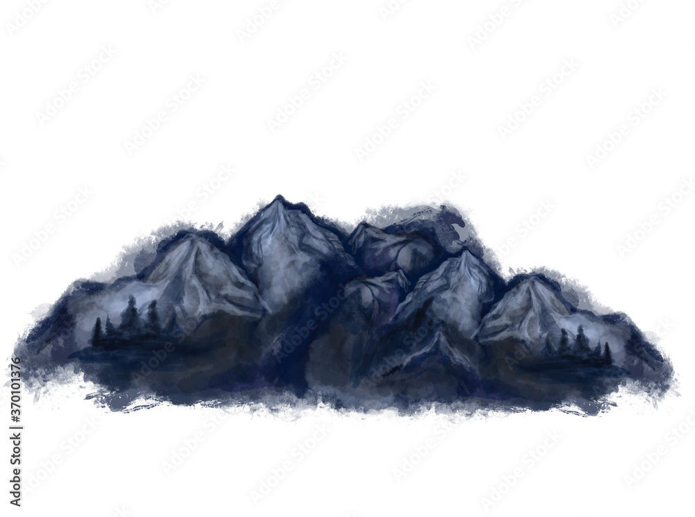 Blue mountains. Hand drawn watercolor blue scenic rocks. Isolated on white background drawing for textile prints, child poster, cute stationery, travel design. High quality landscape.Adventure concept