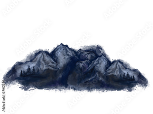 Blue mountains. Hand drawn watercolor blue scenic rocks. Isolated on white background drawing for textile prints, child poster, cute stationery, travel design. High quality landscape.Adventure concept