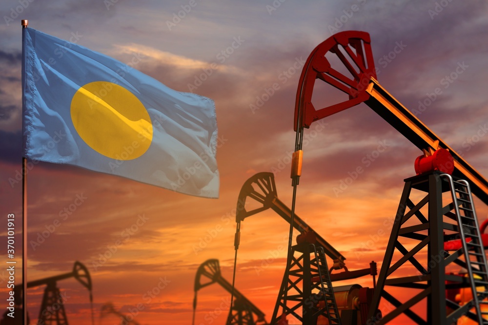 Palau oil industry concept. Industrial illustration - Palau flag and oil wells with the red and blue sunset or sunrise sky background - 3D illustration